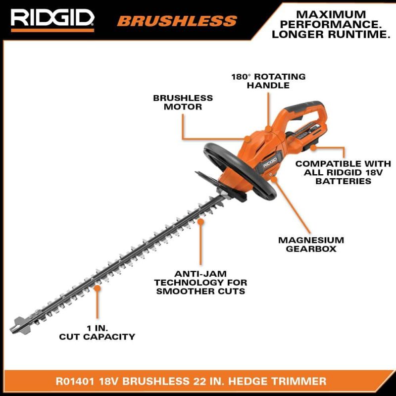 Ridgid 18V Brushless Cordless Battery 22 in. Hedge Trimmer (Tool Only ...