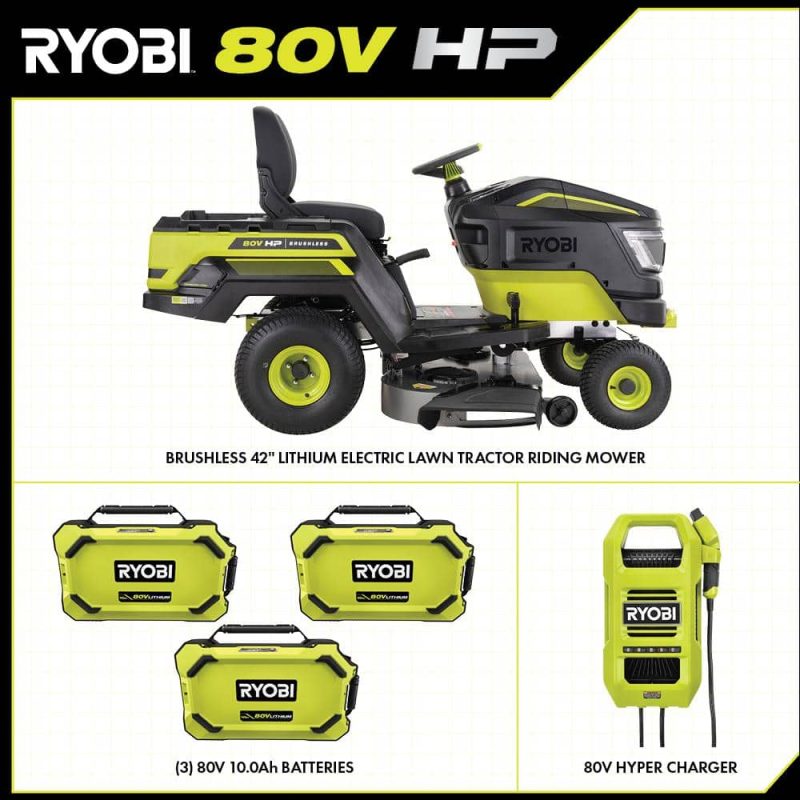 Ryobi 80v Hp Brushless 42 In Battery Electric Cordless Riding Lawn Tractor With 3 80v 10ah 9698