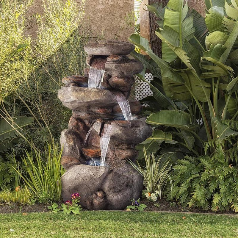 Alpine Corporation 40 in. Tall Outdoor 4-Tier Rock Water Fountain with ...